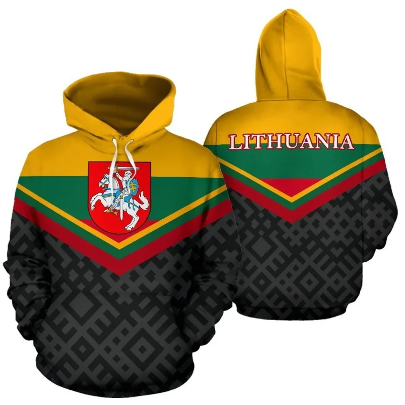 3D Print Lithuania Flag National Emblem Hoodie For Men Long Sleeve Pullover Sweatshirt Hooded Tracksuits Male Jacket Coat