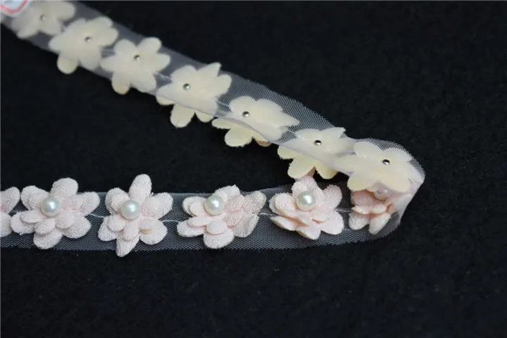 Wholesale chiffon 3d flower embroidery border lace with pearls