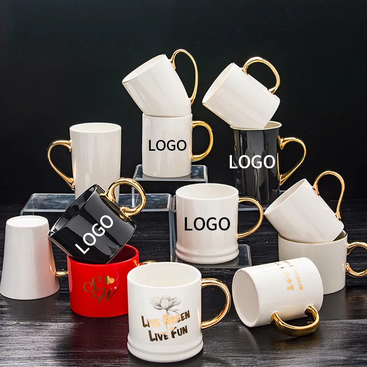 Wholesale High Quality White Tea Cup Custom Logo Printed Nodic Luxury Gold Rim And Handle Ceramic Coffee Mug For Festival Gift
