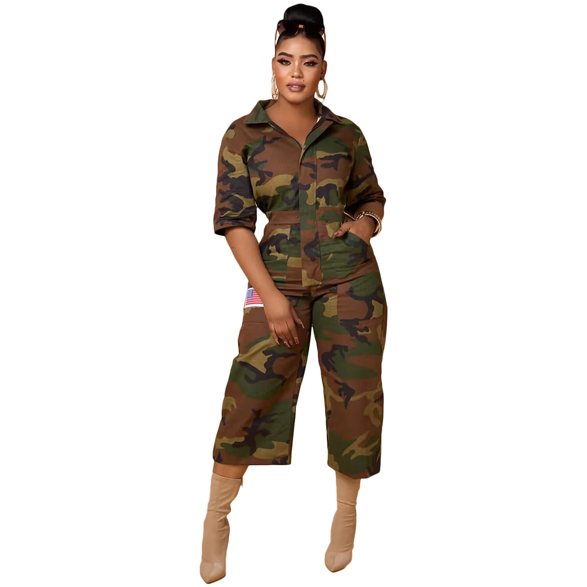 Y1889 Casual Camouflage Wide-Leg Lapel Cargo Jumpsuit with Pockets