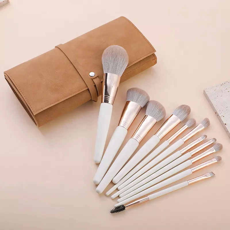 Hot selling 11pcs White Wood Handle Professional Cosmetic Brushes Make Up Tools Private Label Makeup Brush Set
