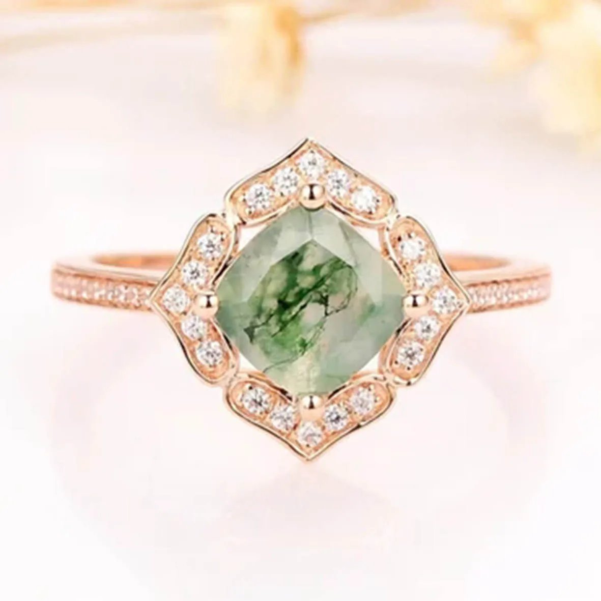 Art Deco Collection Birthday Gift Cushion Cut Gemstone Green Moss Agate Bezel Engagement Ring 925 Gold Jewelry Proposal Rings