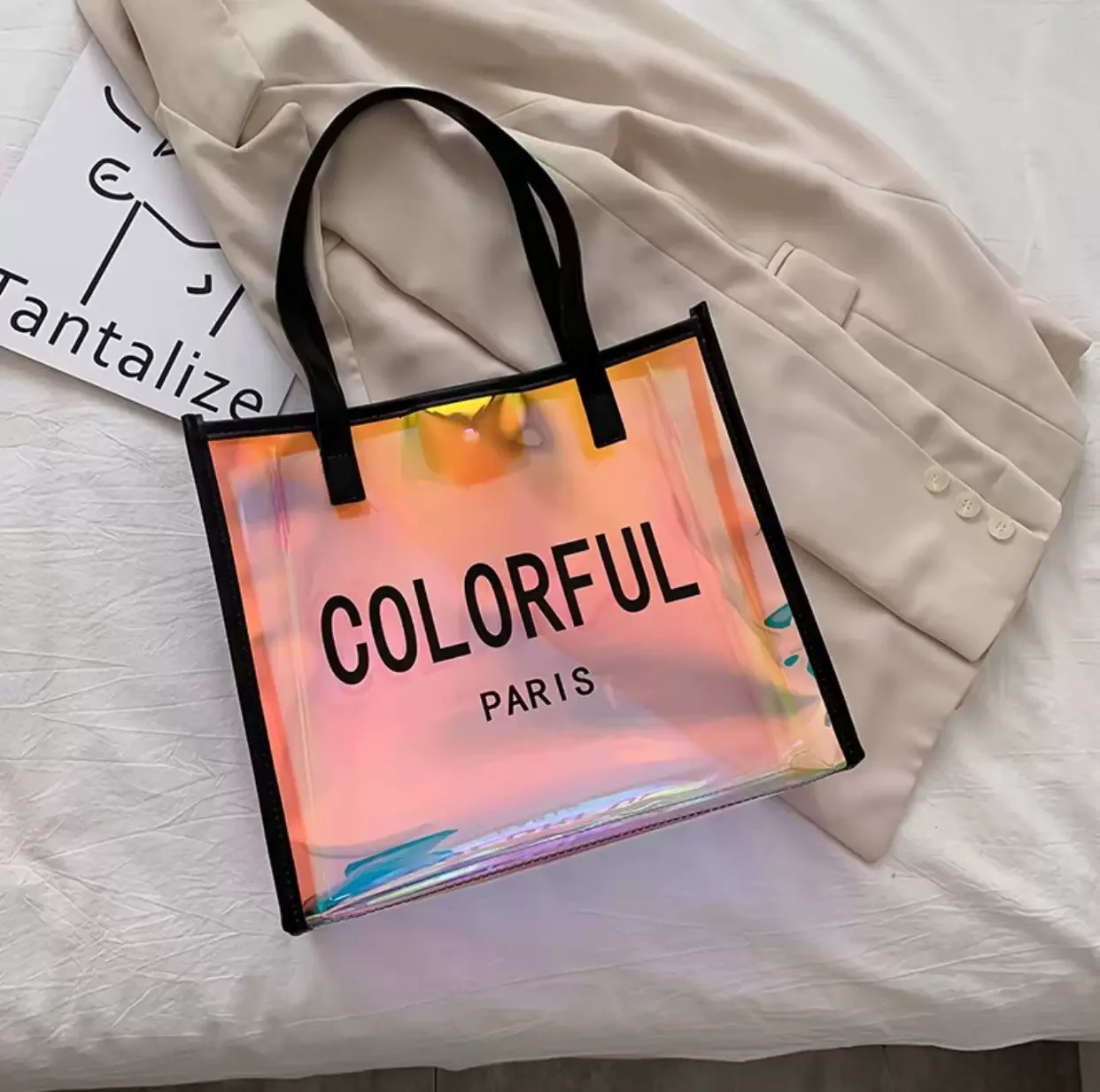 High quality waterproof holographic pvc shoulder tote bag clear plastic shopping bag gift bag