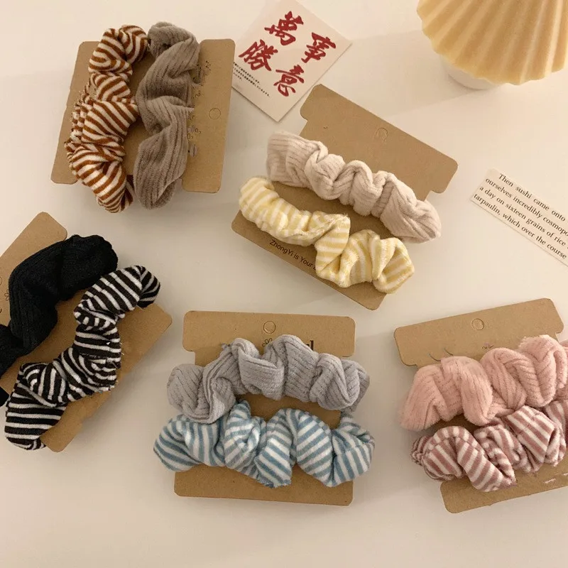 Wholesale fashion vintage striped hair scrunchies velvet elastic hair ties 2pc/set for women girls hair scrunchies pack