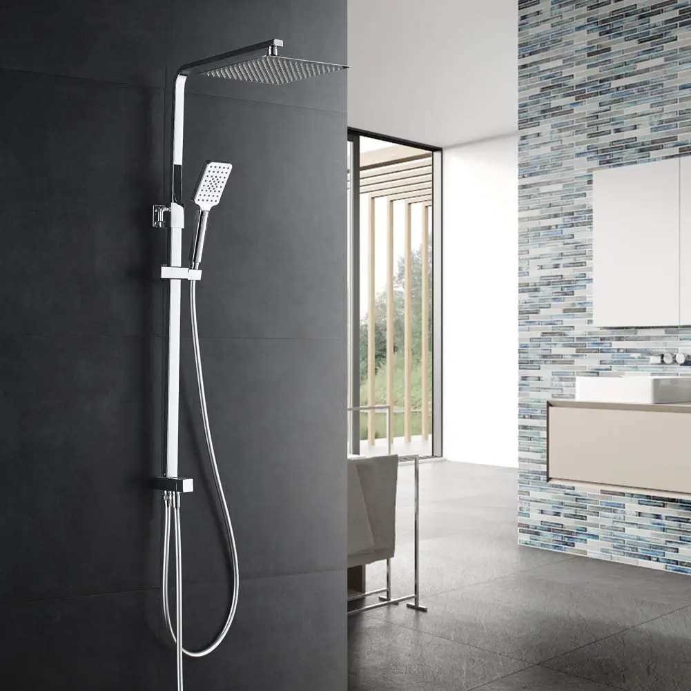 Square Thermostatic Shower Set with Stainless Bath Shower Head, 3-Function Handheld Shower and Rubber Hose Pipe, Chrome