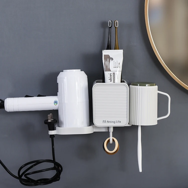 Punch Free Bathroom Accessories Toothpaste Cup Hair Dryer Organizer Plastic Storage Rack Electric Toothbrush Holder Wall Mounted