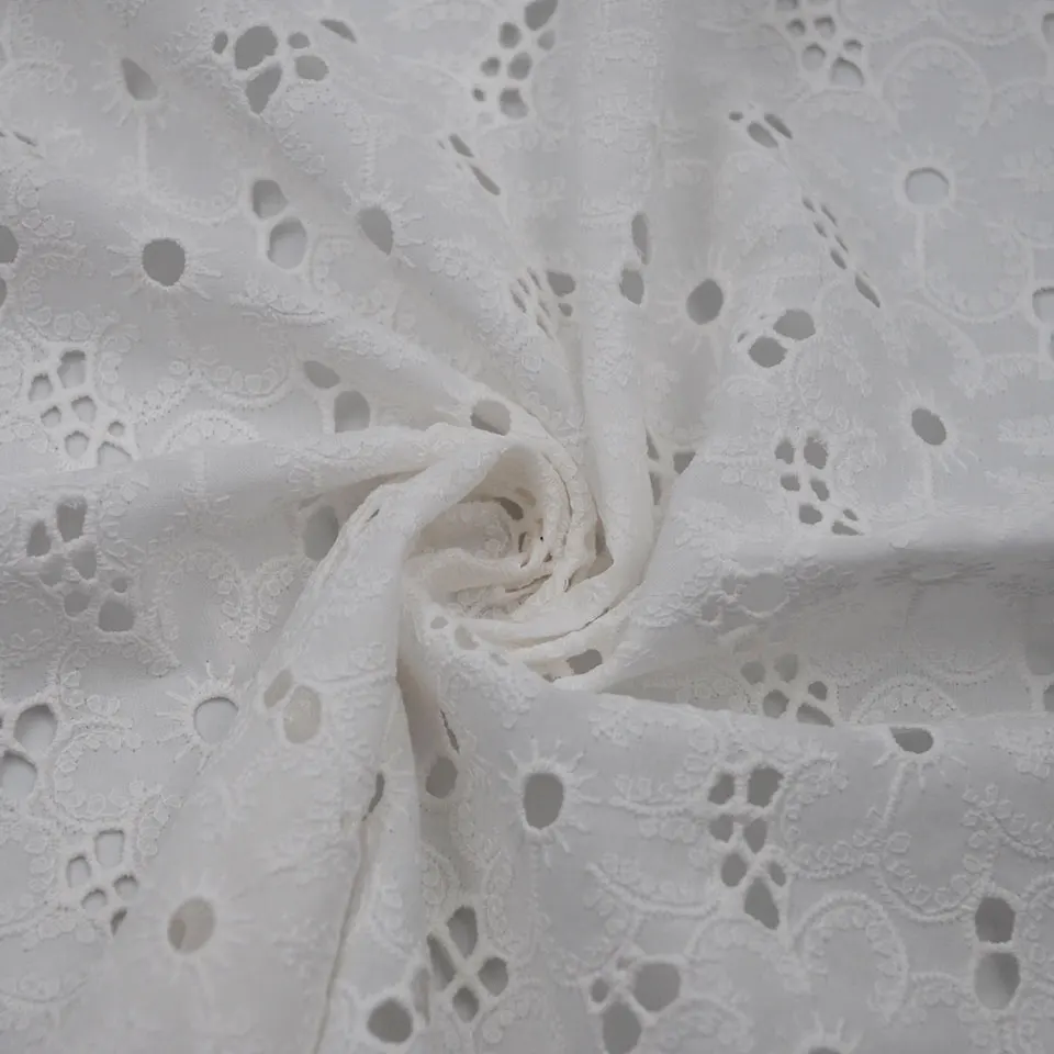 China cheap wholesale price european white tulle pure cotton luxury hollow embroidery lace fabric