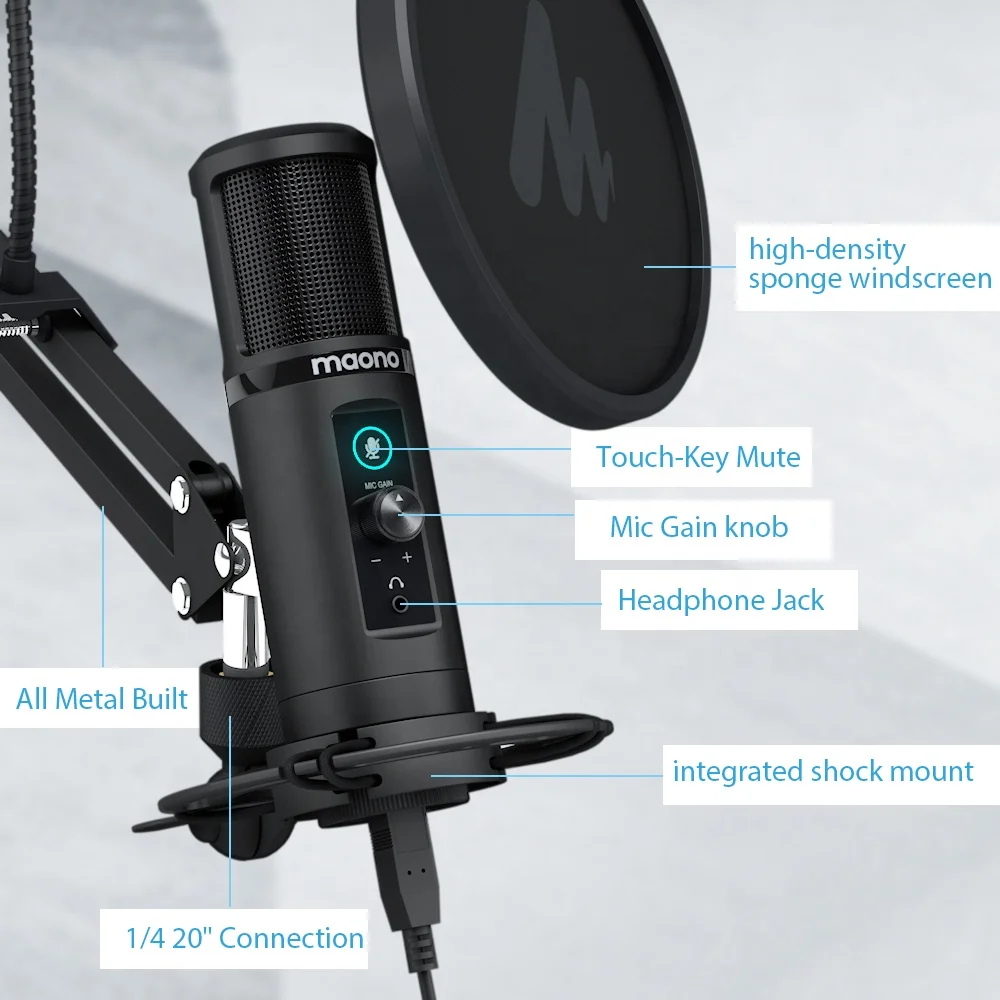 
MAONO USB Microphone Zero Latency Monitoring 192KHZ/24BIT Professional Cardioid Condenser Mic with Touch Mute Button 