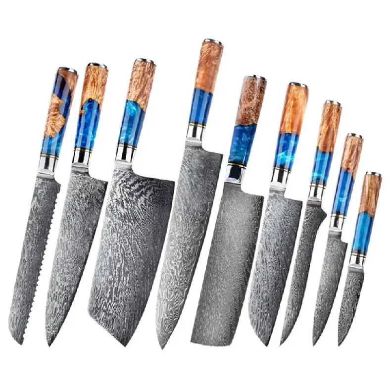 Premium kitchen knife blue resin and wooden handle 5inch utility Damascus kitchen knife
