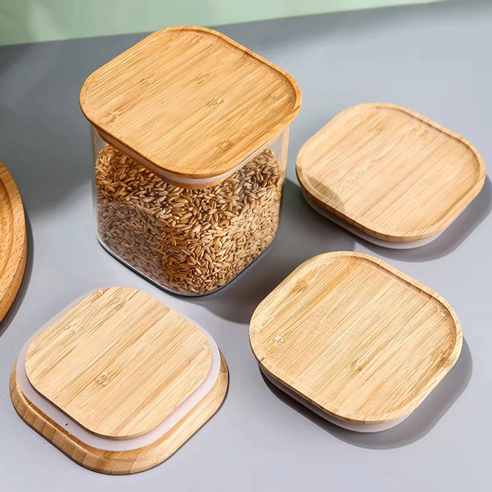 High Borosilicate Square Glass Spice Jar Bamboo Lid Kitchen Glass Container Spaghetti Beans Nuts Storage Food Use Custom Logo