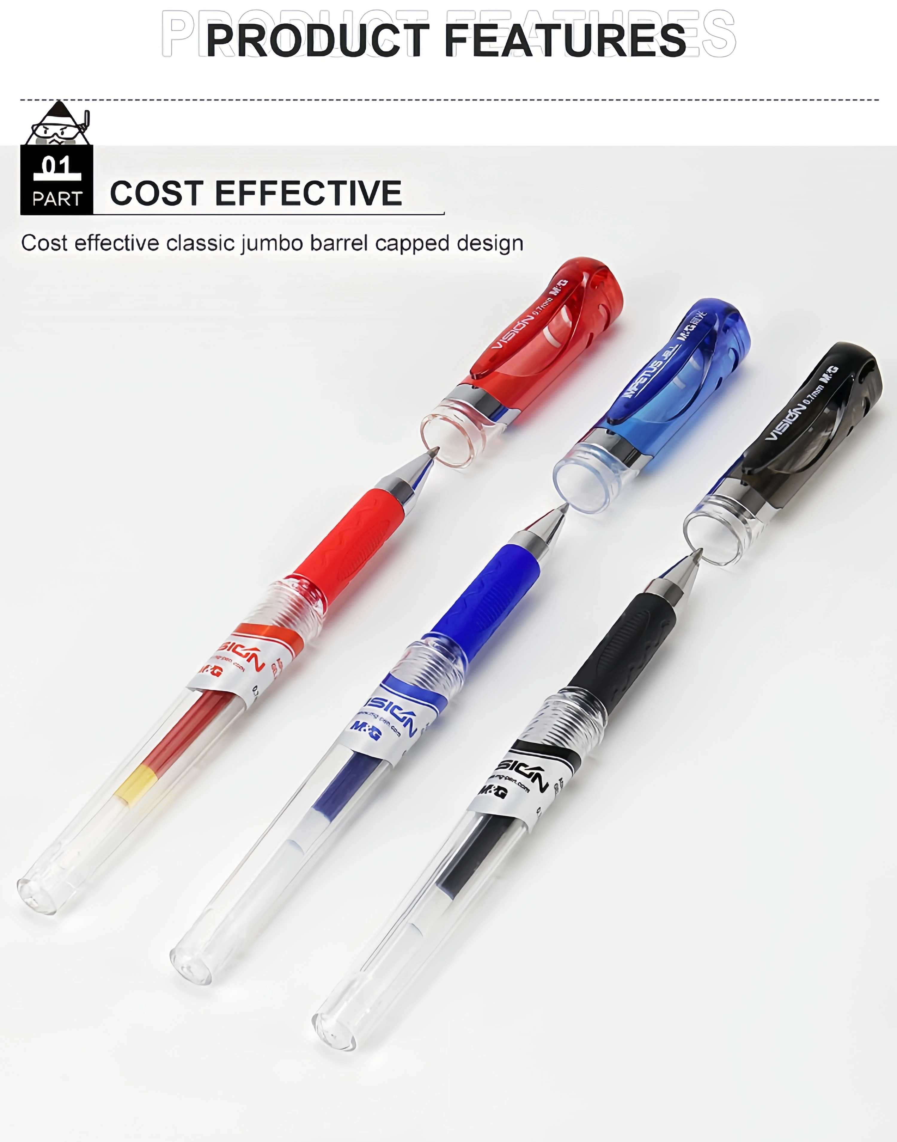 M & G Classical Stick Gel Pen 0.7 mm Textured Non-Slip Grip Available in Black Blue and Red Ink Colors Made of Plastic