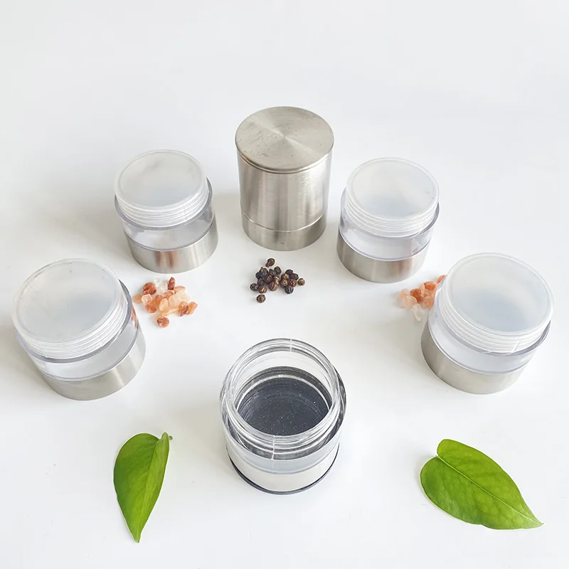 Salt and Pepper Combo Mill Silver Clear 5 in 1 Manual SS Pepper Mill  with Transparent Spice Chambers