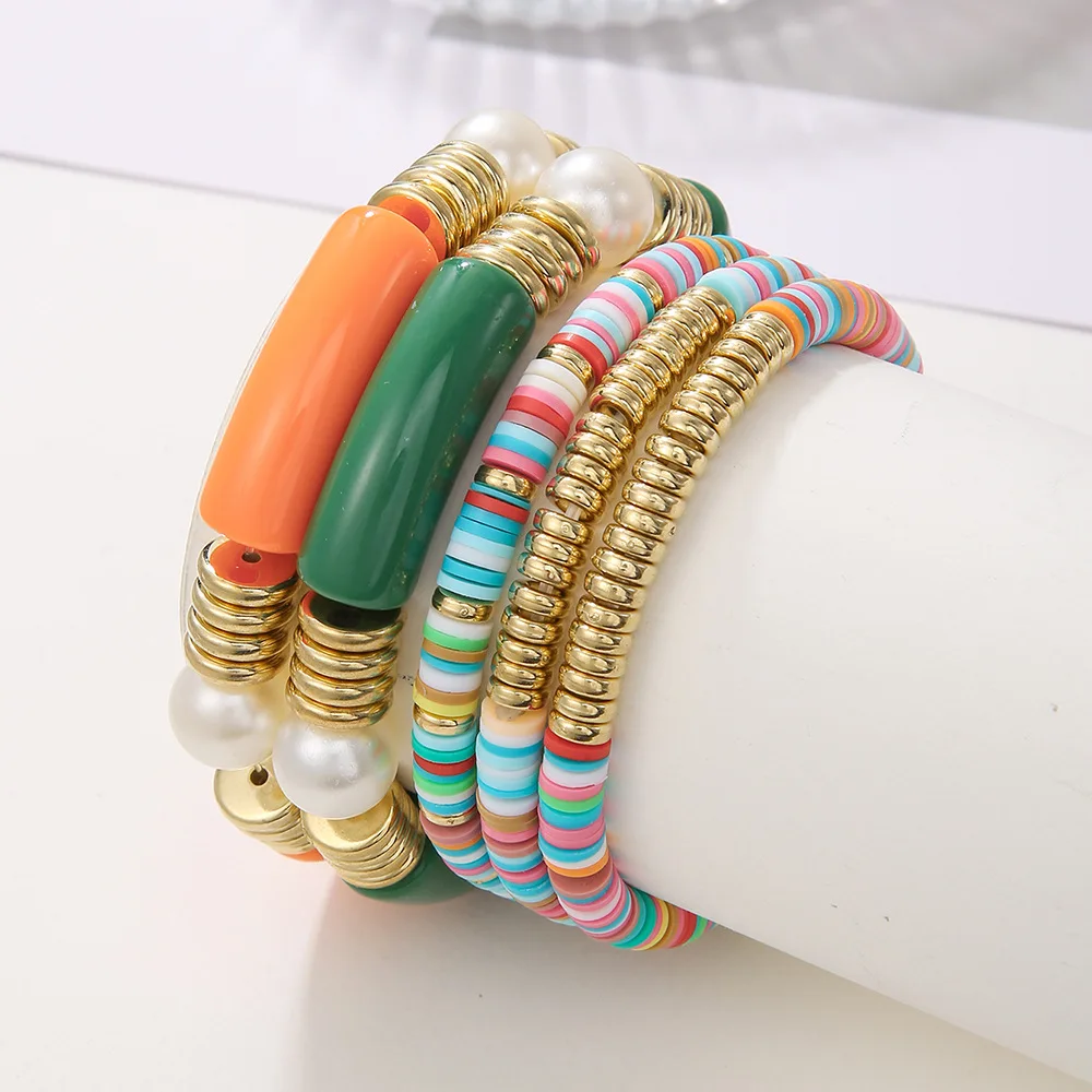 Hot sale  Boho Polymer Clay Pearl Beading 18k Gold Layered Bracelet Women Vintage Elastic Acrylic Bracelet Jewelry For Gift