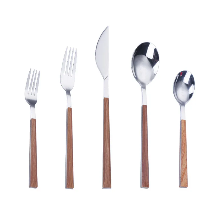Flatware Spoon Fork Knife Stainless Steel Wooden Plating Handle Cutlery Set