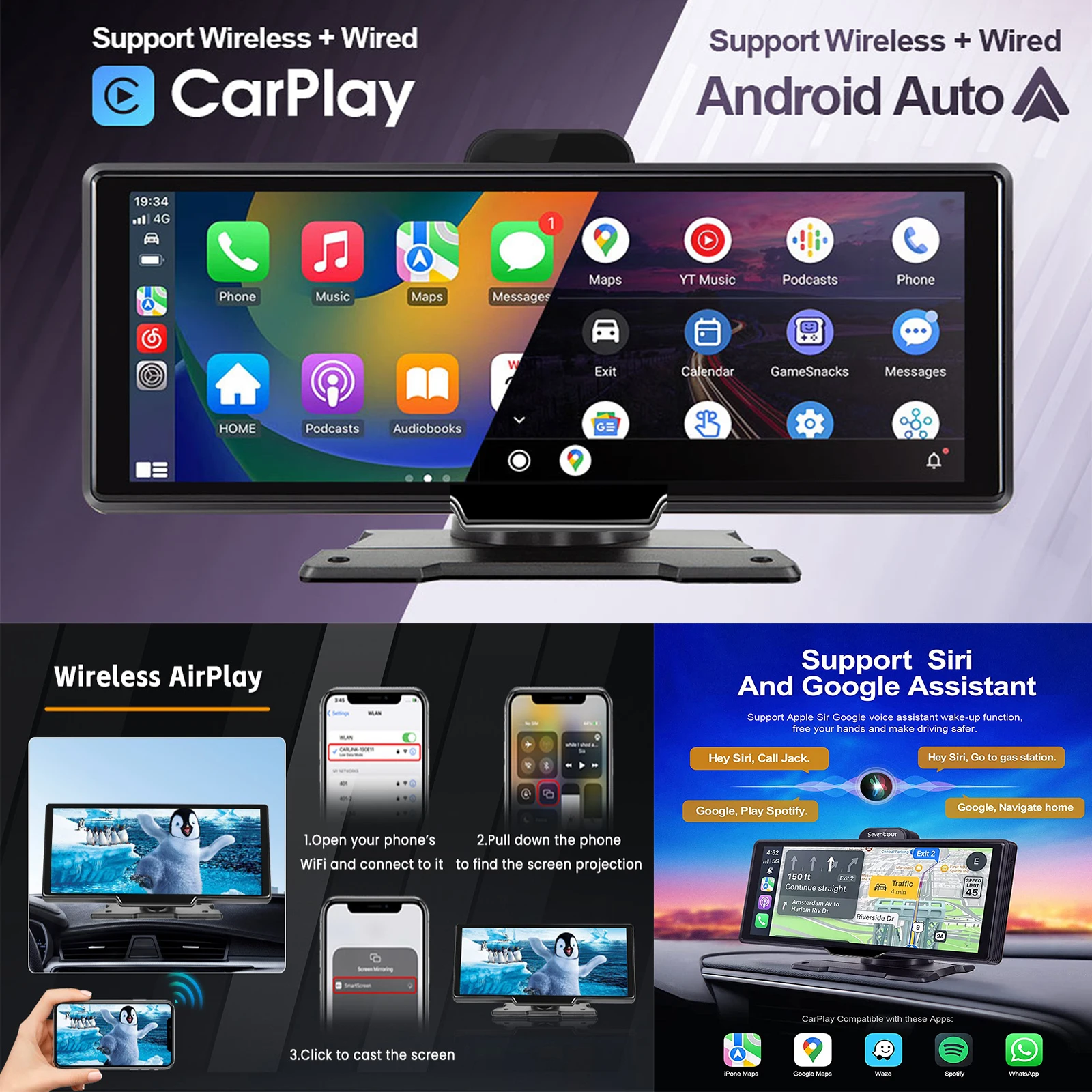 10.26 Inch Wireless CarPlay Monitor IPS Screen Android Auto Touch Screen WIFI FM BT 5.0 Rearview Dash Cam Multimedia Player AUX