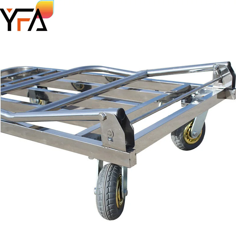 Stainless Steel Hand Carts Heavy-Duty Foldable Platform Trolley Truck Platform Hand Truck, 4-Wheel Warehouse Hand Trolley