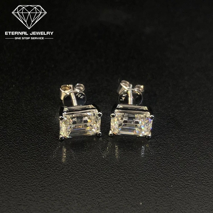 Women Girl Luxury Real S925 Silver 10k 14k Gold 1ct D VVS Emerald Cut Moissanite Diamond Ear Studs Earrings with Certificate