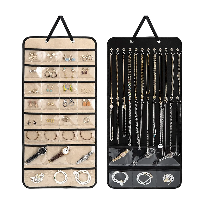 Double Sided Over the Door Hanging Jewelry Organizer Holder with 24 Hooks for Closet with Pockets for Earrings, Bracelet, Rings