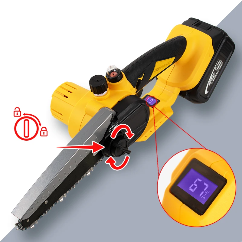 Power Display Cordless Mini Chain Saw 6 Inch Portable Non-slip Handle Chainsaw for Wood Cutting Tree Trimming Gardening Camping