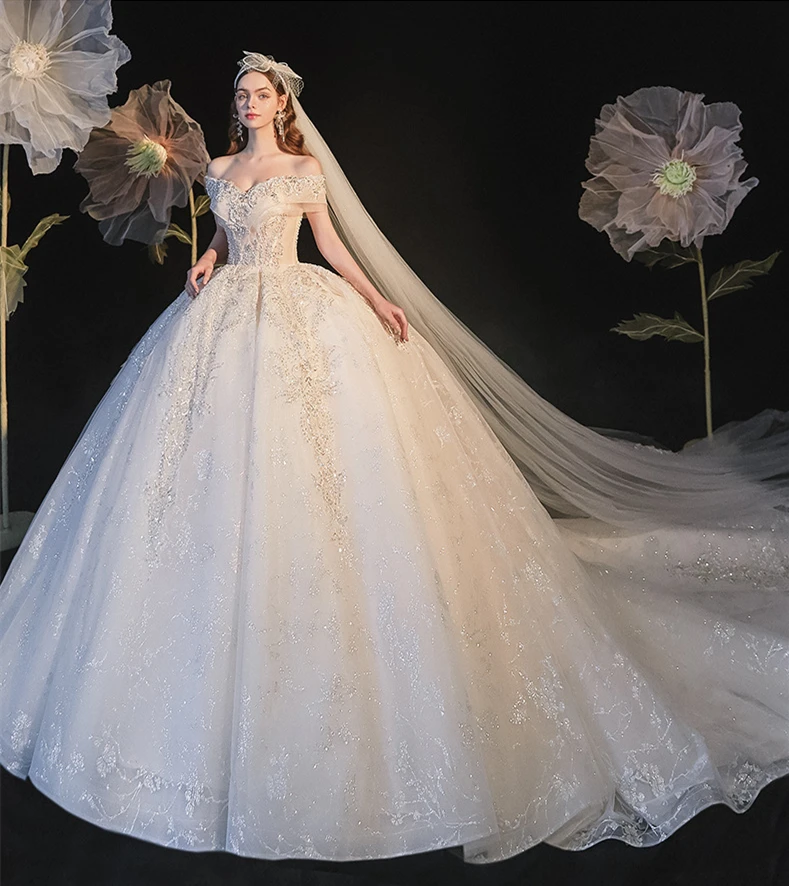 2021 new main wedding dress bride trailing temperament champagne one-shoulder starry princess wedding dress