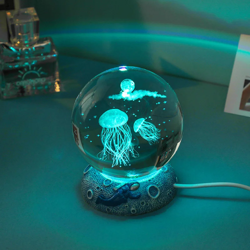 Jellyfish Dolp hin Star fish Laser Carved Table lamp Creative 3D Crystal Ball Night Light For Decoration