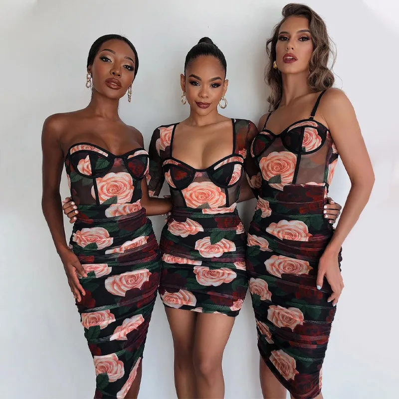 2023 spring summer women fashion clothing hot products Women Rose Floral Print Bodycon Midi Dress Sexy  for Cocktail Clubwear