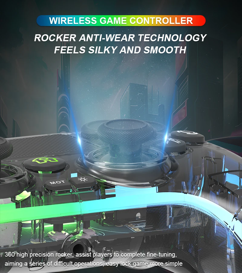 Colorful Light Controller RGB Wireless Gamepad for PS4/PC Hall Rocker Wireless Controller Built in Dual Vibration Motor