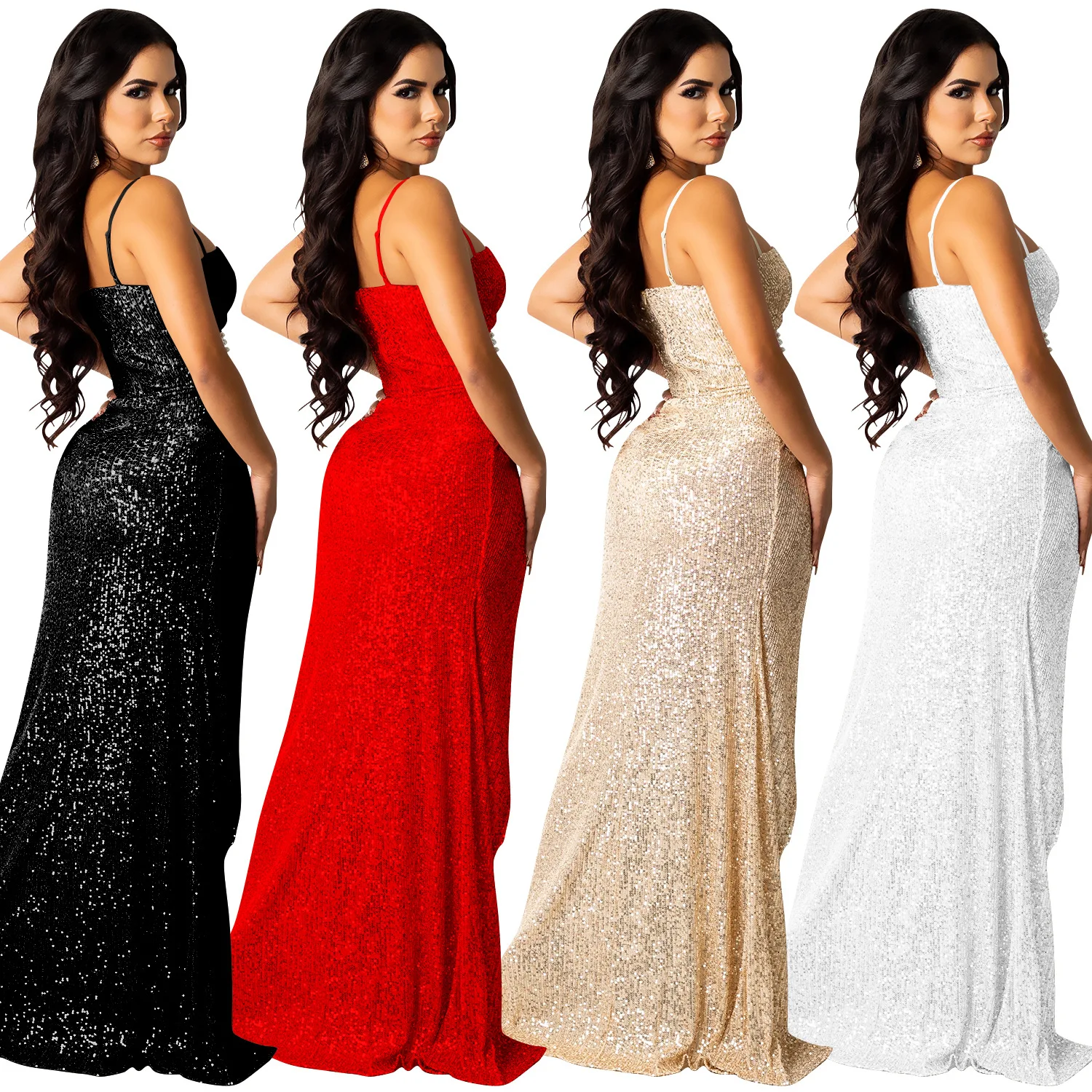 2022 New Arrivals Women Sexy V-neck Hot Drill Pearl Mesh Dresses Hot Sale Ladies Club Style Halter Sequined Long High Slit Dress