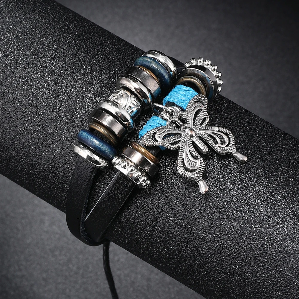 Wholesale Fashion Jewelry Charm butterfly Pendant Women Bracelet Personality Trendy Leather Bracelets for Men and Women