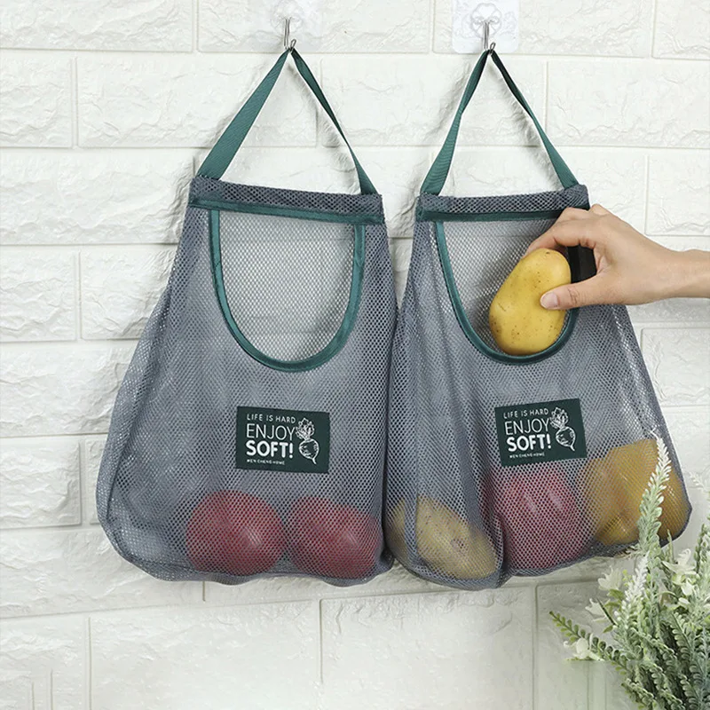 kitchen fruit and vegetable storage bag multi functional custom logo hanging bag handled mesh bags
