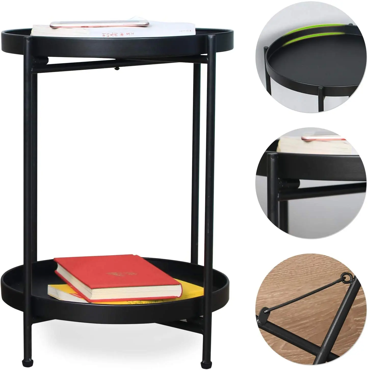 2-Tier Metal Round Side Table Black Folding End Table with Removable Tray