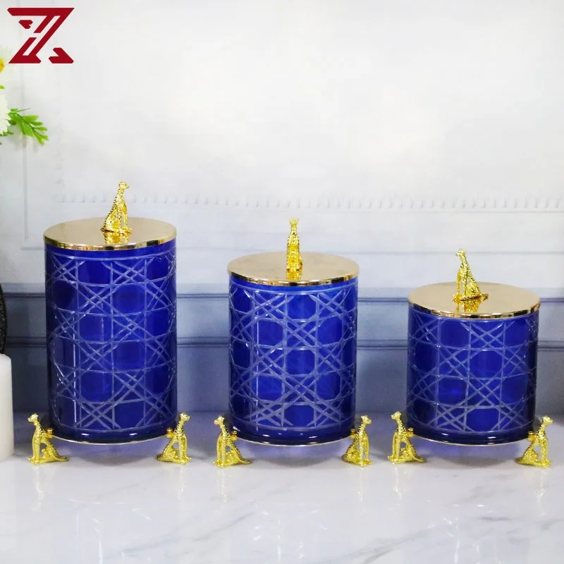Blue glass Metal base Metal lid animal tripod Candy jar Striped exterior kitchen decor