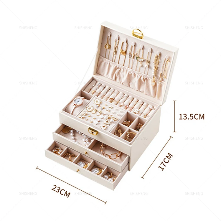 SHI SHENG 3 Layers Large Leather Jewelry Storage Box with Locked for Rings Earrings Necklaces Bracelets Storage