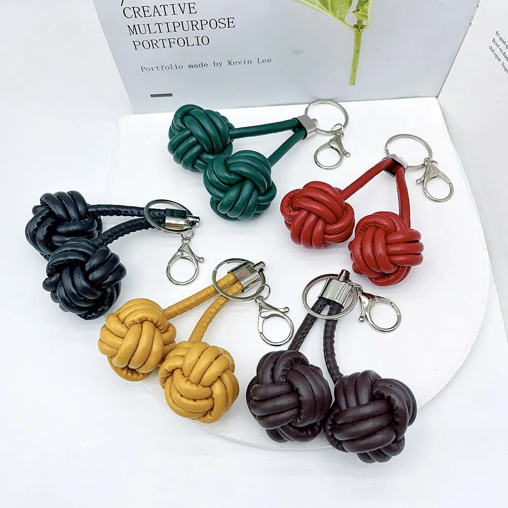 PU Leather Ball Key Ring Handwoven Ball Pendant Safety Knot Rope PU chain Car Keychain