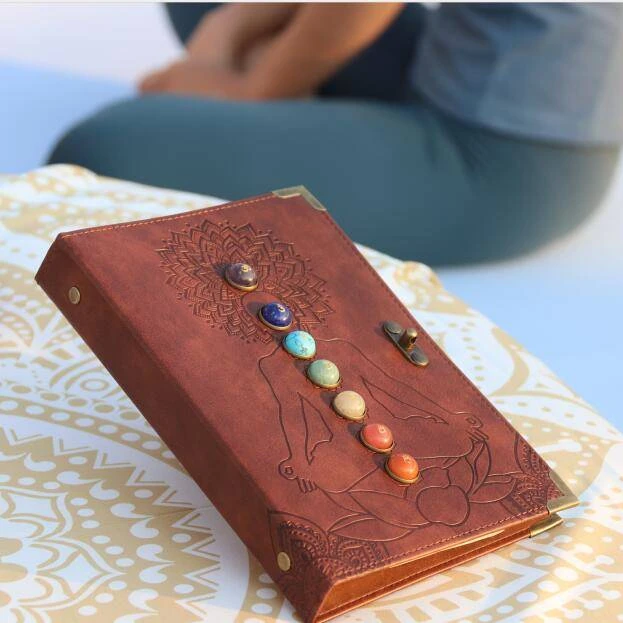 Handmade Book Large 7 Chakra Stone Wicca Notebook & Sketchbook Leather Journal