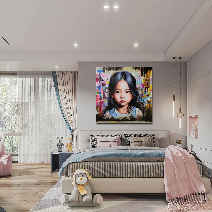 Original Art Handmade Customized Realistic Portrait Painting High Quality Kids Figures Blue Wood Frame Wall Art Work Canvas