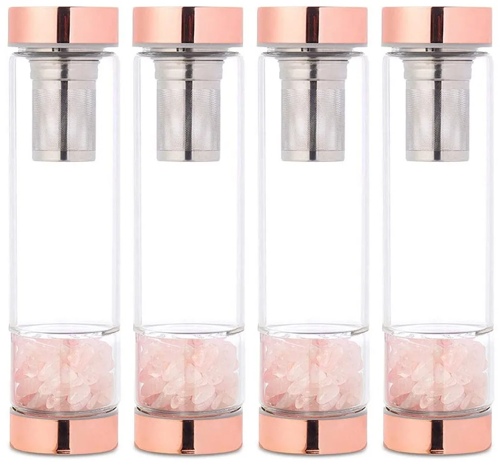 15oz Rose Gold Crystal Elixir Infused Gem Water Bottle  with Tea Infuser  Wellness Glass and Stainless Steel Includes