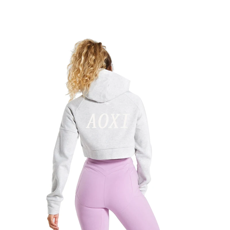 High Quality Custom Logo Terry Cotton Long Sleeve Crewneck Zip Up Sweatshirt White Crop Top Women Hoodie For Gym