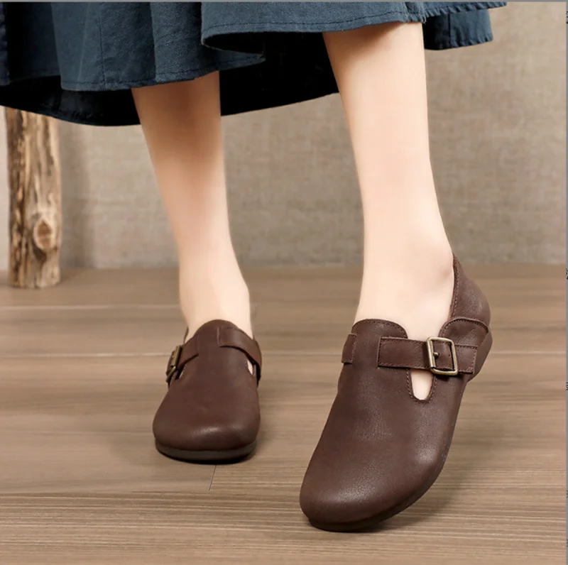 Real leather sole hard-wearing flat dresses shoes for women lightweight breathable oxford anti-slip vintage lazy shoes