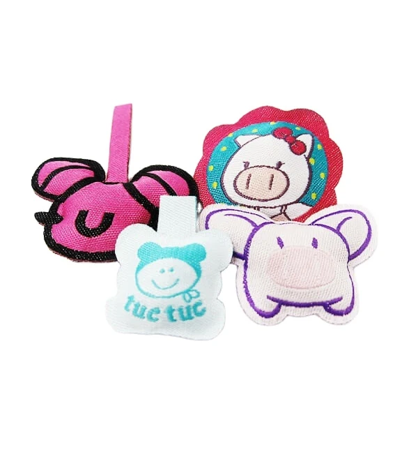 China factory makes packed cotton braided labels, high density 3D woven labels cartoon stickers, suitable for clothing toys