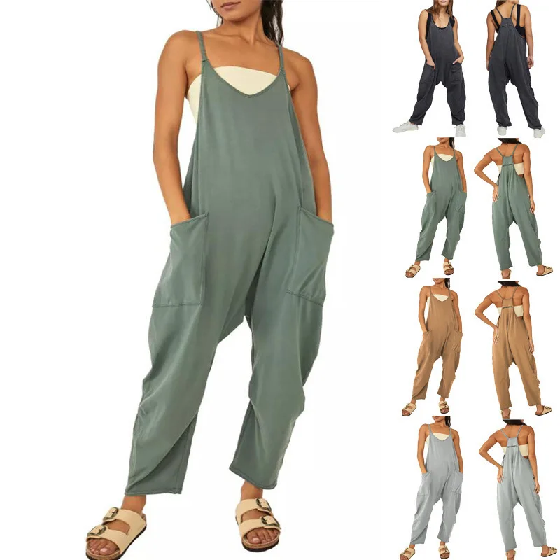 Casual Jumpsuit Women Spaghetti Strap Sleeveless Loose Wide Leg Rompers with Large Pocket Pants Bib Overalls Outfit Jumpsuit
