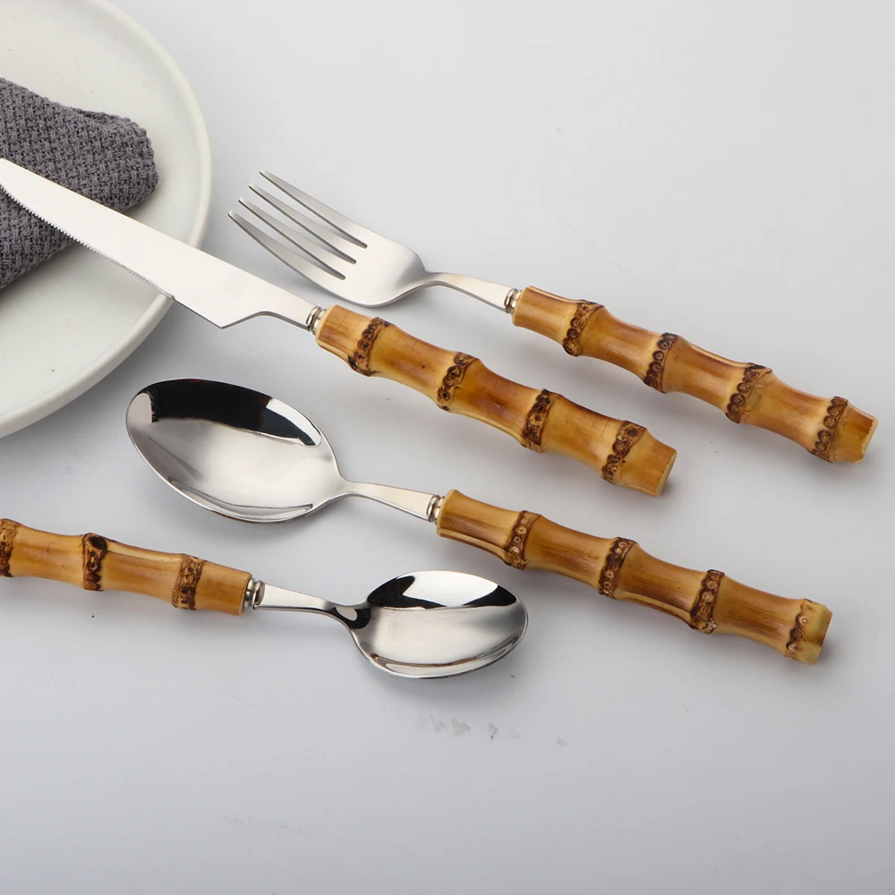 High quality 18/10 Stainless Steel Flatware Silverware Bamboo Handle Cutlery Set