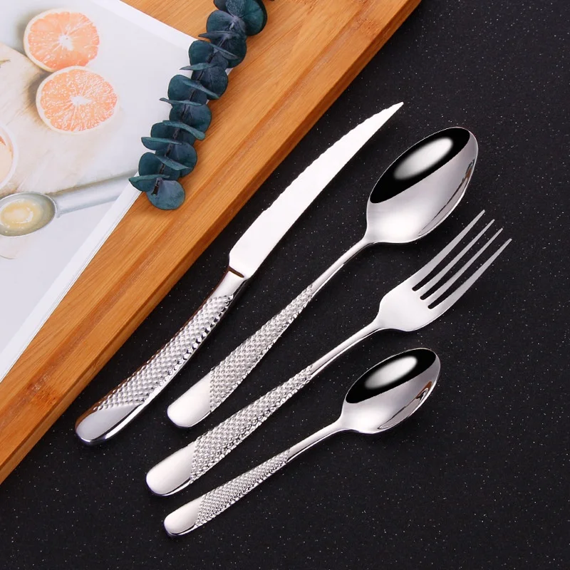 Оптовая продажа 4 предмета в комплекте серебро столовая посуда набор высокого зеркальная полировка индивидуальный логотип из нержавеющей стали металлическая блесна приманка вилка нож столовых приборов