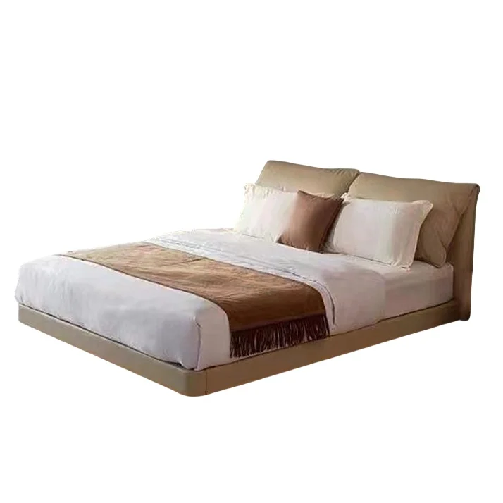 Italian Style Suspended Bed Solid Wood Minimalist Bedroom Furniture Light Luxury Master Bedroom Leather Double Up-Holstered Bed