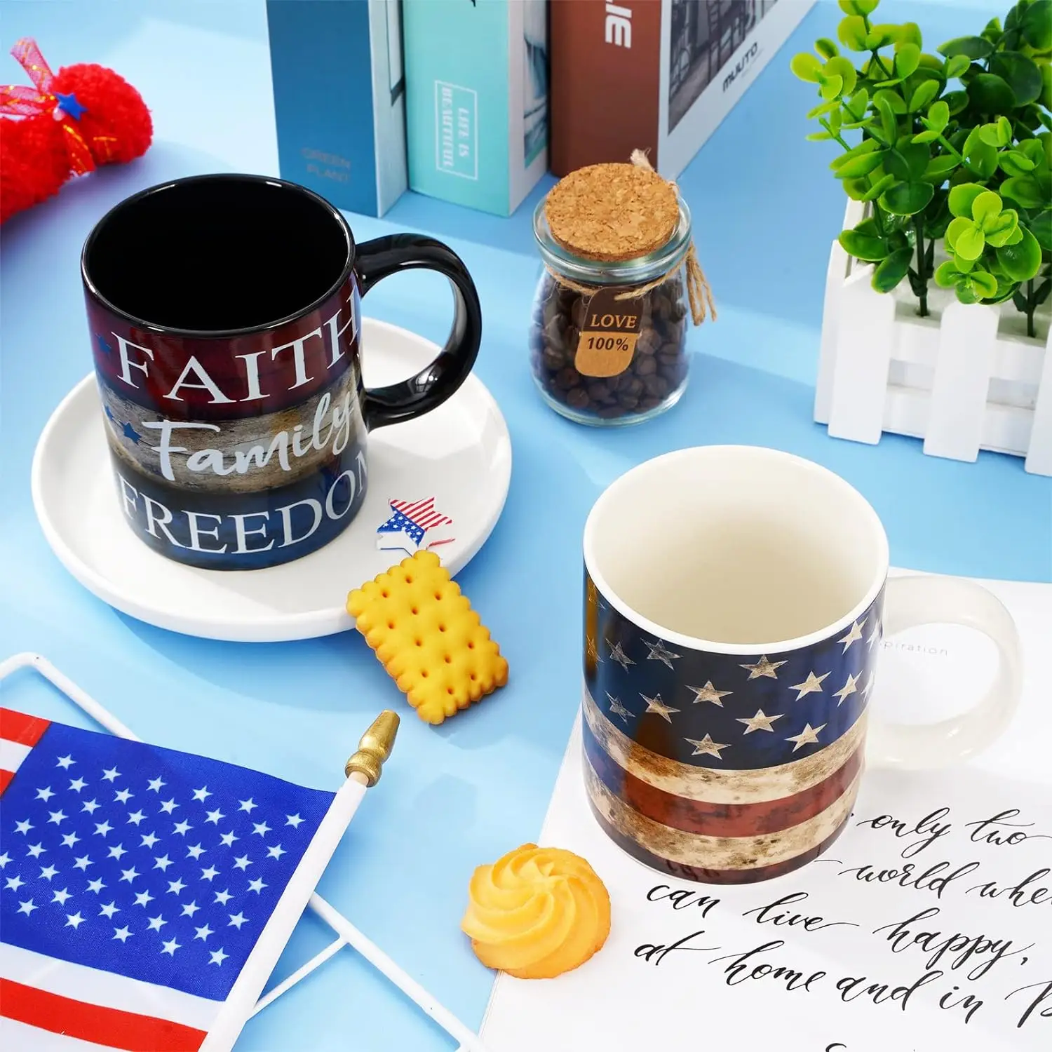Pafu I2Pcs Patriotic Mugs 4th of July Ceramic Cups Vintage American Flag Stars Stripes Print Drinking Mugs Coffee Cups