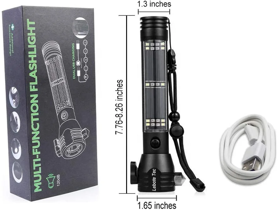 Car Flashlight Solar Power Tactical Flashlight Bright LED Emergency Torch Light With Safety Hammer Seat Belt Cutter Compass