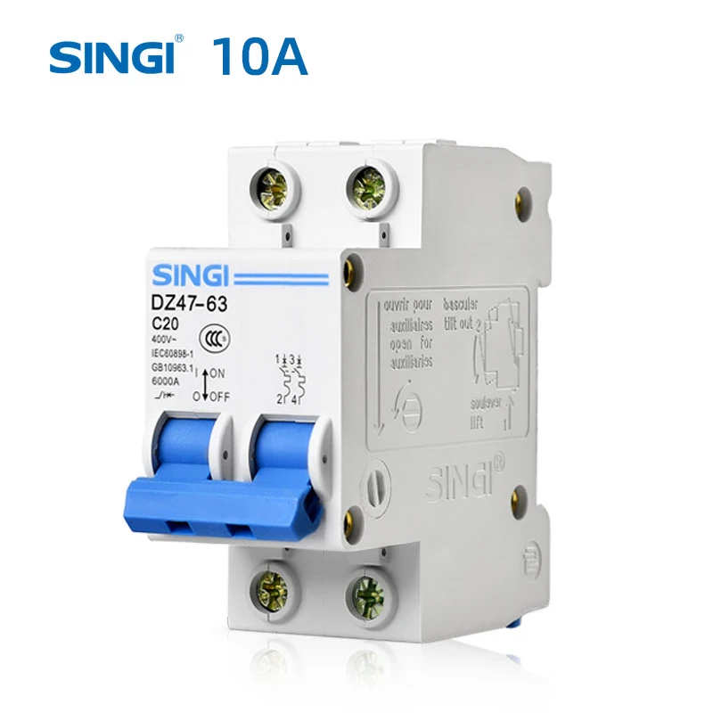 mcb mini circuit breaker safety electrical disjuntor disjoncteur china whenzhou Singi DZ47-63 6KA 2P 10A