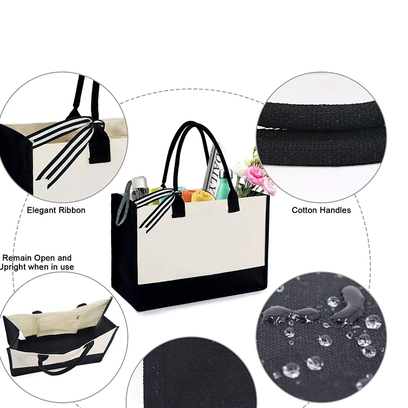 New Fashionable Multi Purpose Cream Color Women Handbags Cotton Shopping Beach Bag Two-tone Canvas Tote Bag Wit Black Handles