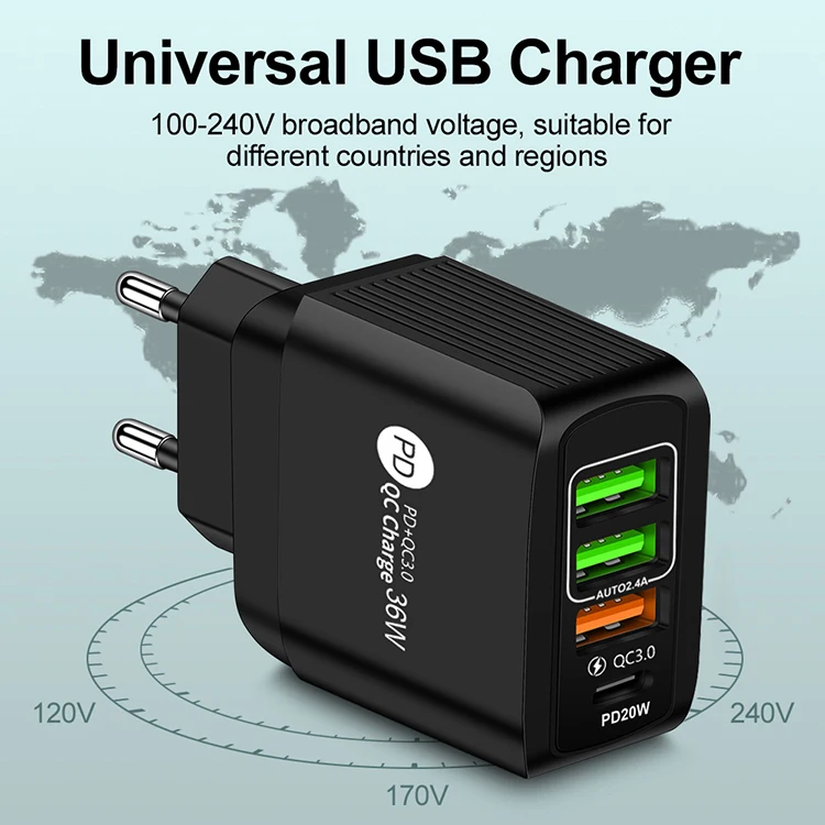 Most Popular Products 36W 4-Port QC3.0 3USB + PD Wall Fast Chargers Power Adapters for iPhone Samsung LG HTC