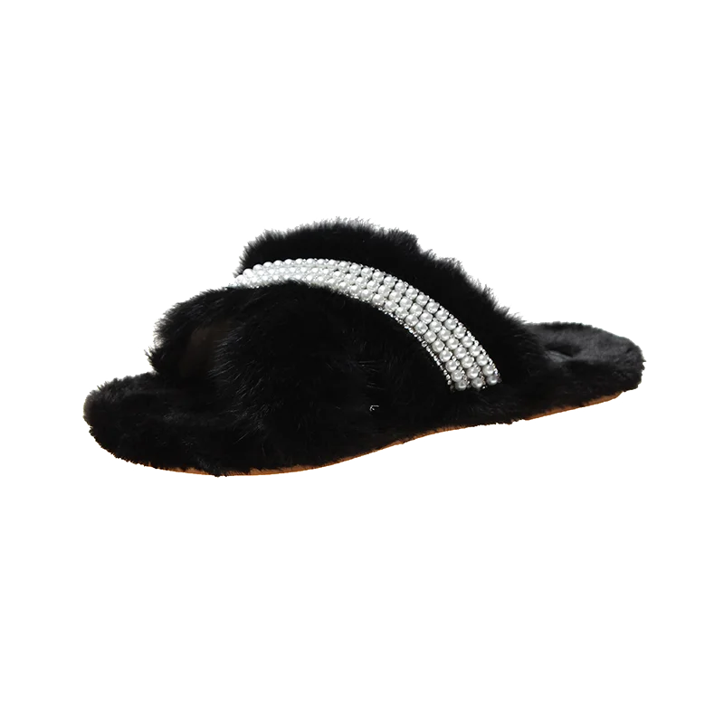 Pearl and  rhinestone flat fur slippers for women